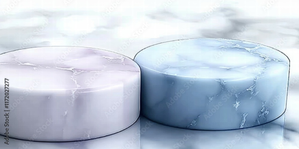 Fototapete Two circular marble-patterned objects in soft pastel colors on a smooth surface.