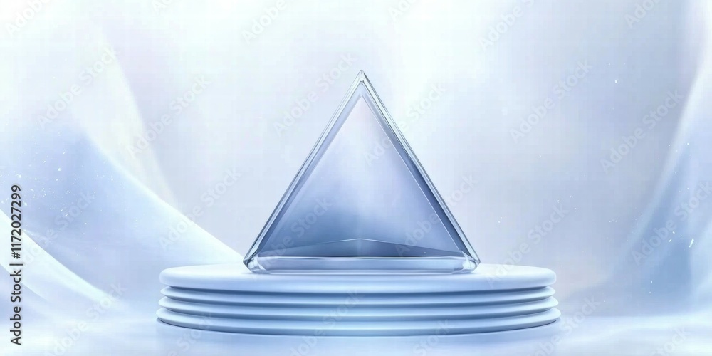 Poster a transparent triangular prism on a circular pedestal against a soft, ethereal background.