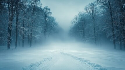 Obraz premium A tranquil pathway occurs through a serene winter forest adorned with fresh snow, enveloped by tall trees under a gentle, foggy atmosphere