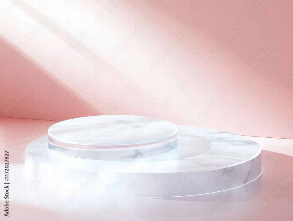Aufkleber a minimalist display platform with soft lighting against a pink background.