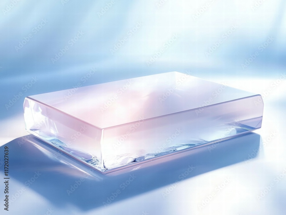 Poster a translucent, rectangular block with soft lighting, suggesting a modern design or art piece.