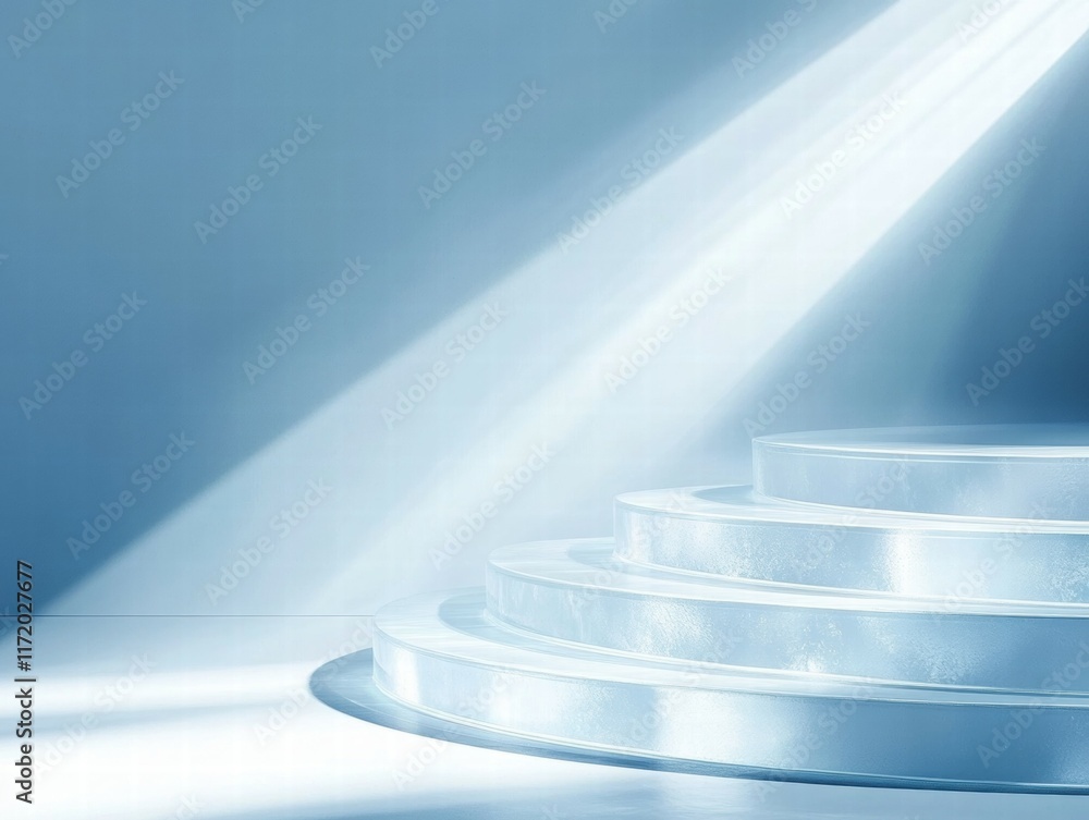 Poster A serene, illuminated platform with layered steps, creating a calm and ethereal atmosphere.