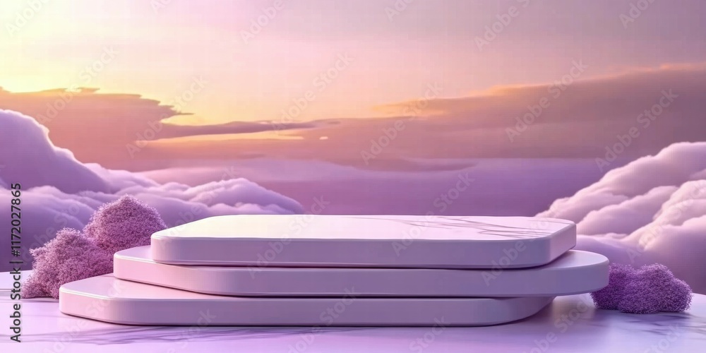 Poster abstract composition of layered shapes amidst soft clouds and pastel colors.