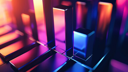 A dynamic stacked area chart with luminous, flowing gradient colors, arranged over a sleek polished surface with dark accents.