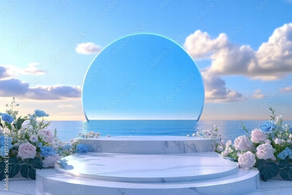 Poster a serene landscape with a circular portal over calm waters, adorned with flowers.