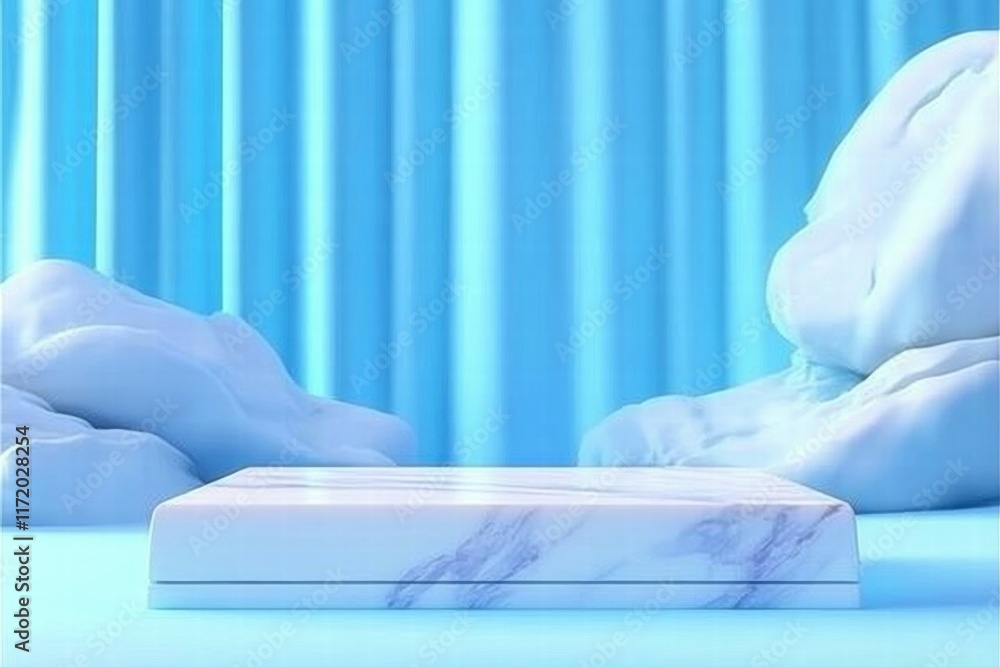 Leinwandbilder A minimalist display with a marble platform and soft, abstract shapes in a blue setting.
