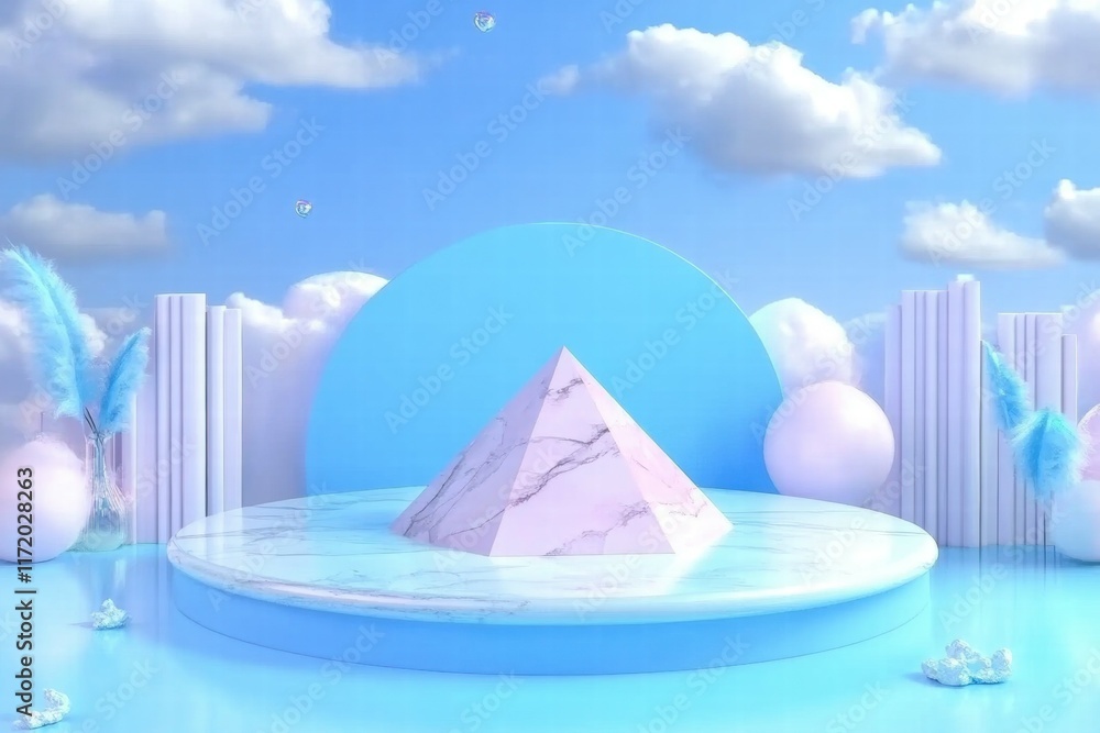 Poster a serene 3d scene featuring a marble pyramid surrounded by pastel elements and clouds.