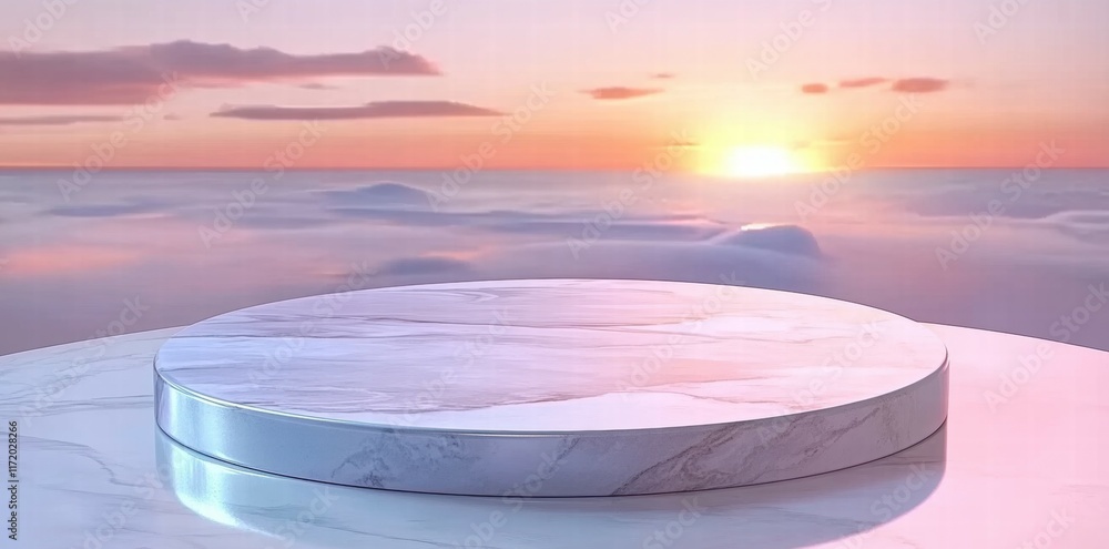 Poster a serene landscape featuring a circular marble platform against a colorful sunset backdrop.