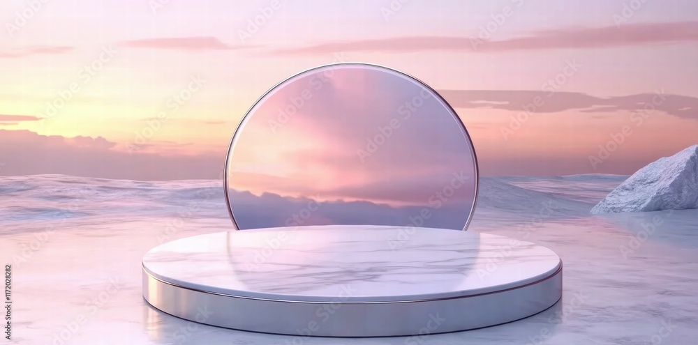 Poster a serene scene featuring a circular mirror reflecting a colorful sky over a marble platform.