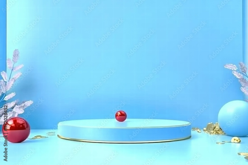 Poster a minimalist display featuring a red sphere on a blue pedestal, surrounded by decorative elements.
