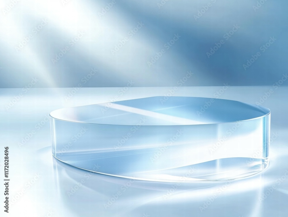 Aufkleber a sleek, transparent, oval display platform on a reflective surface with soft lighting.
