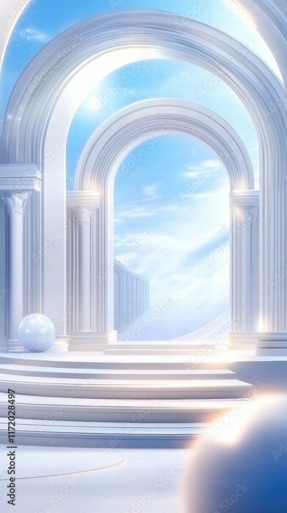 Poster a serene, ethereal space with arches and soft lighting, evoking tranquility and inspiration.
