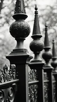 Close-up of ornate metal fence finials against a blurred background.