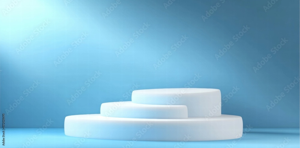 Poster a minimalist display podium with three tiers against a blue background.