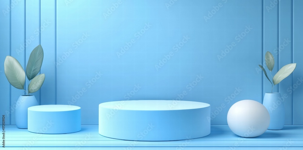 Poster a minimalist blue display with geometric shapes and plants for showcasing products.