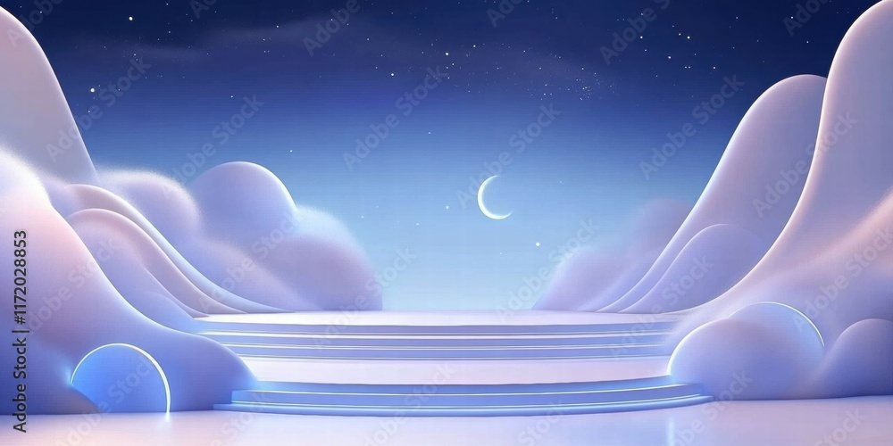 Poster a serene digital landscape featuring soft clouds and a crescent moon in a twilight setting.