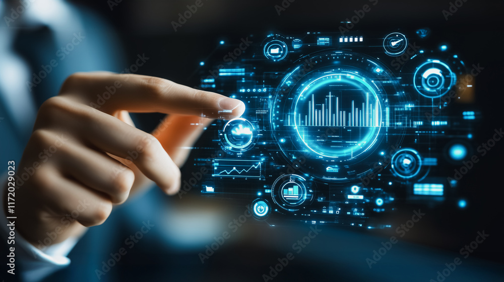 Poster data-driven decisions: a hand interacts with a futuristic holographic interface showcasing dynamic d