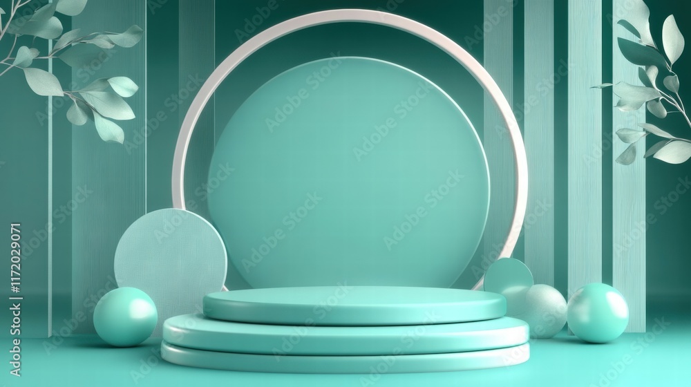 Poster a minimalist teal stage with circular elements and leaves, ideal for presentations or displays.