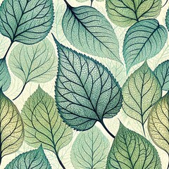 Seamless pattern of intricate green and blue leaves on light background