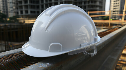 White Safety Helmet Resting on a Wooden Beam at a Construction Site, Symbolizing Workplace Safety and Construction Activity
