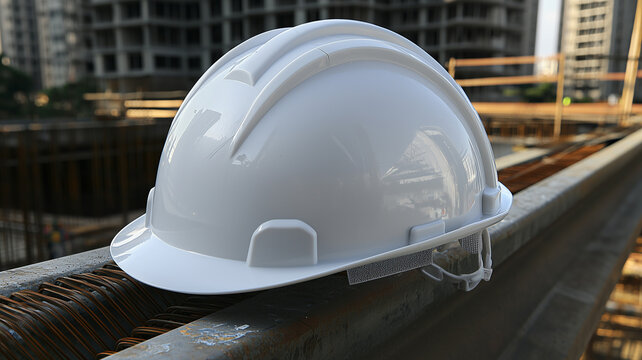 White Safety Helmet Resting on a Wooden Beam at a Construction Site, Symbolizing Workplace Safety and Construction Activity
