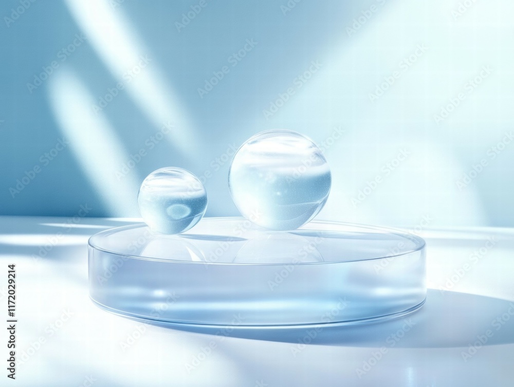 Poster two transparent spheres on a reflective surface against a soft blue background.