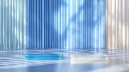 A minimalist scene featuring two rectangular blocks against a softly lit backdrop.