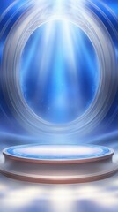 A serene blue-lit stage with an oval backdrop, suggesting a performance or presentation.