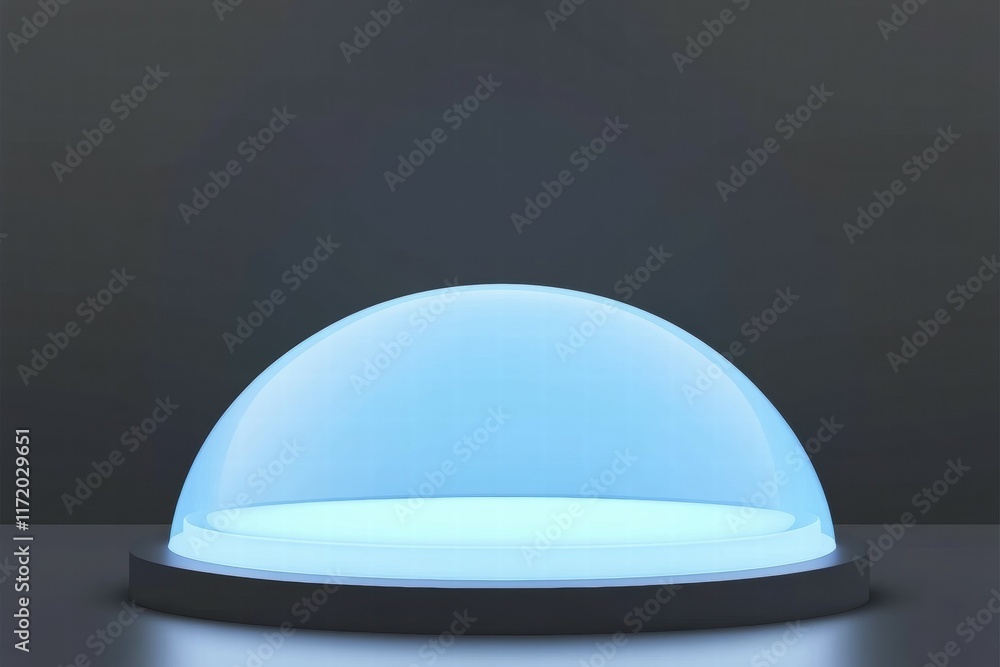 Poster a translucent dome structure emitting a soft blue light, suggesting a futuristic display.