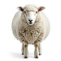 Fototapeta premium Fluffy white sheep, farm animal portrait, isolated on white background, for agriculture website.