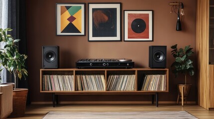 Mid-century modern living room stereo system with vinyl records (1)