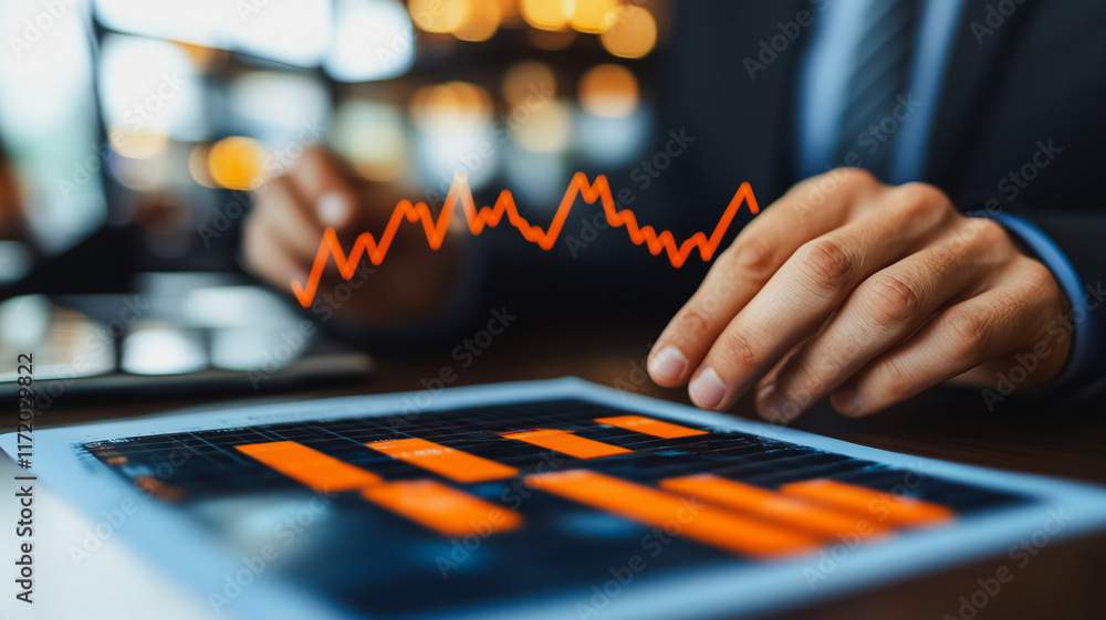 Poster businessman analyzing data: close-up of a businessman's hands tracing the trajectory of an orange li