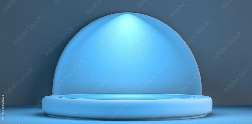 Poster a minimalist blue platform with a dome light, creating a serene and modern ambiance.