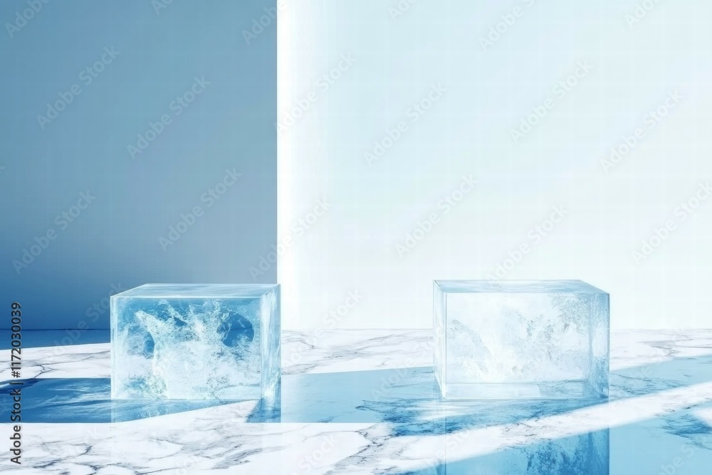Aufkleber two transparent ice cubes on a marble surface with soft lighting.