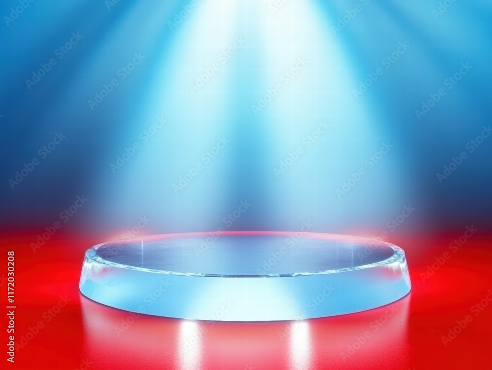 Aufkleber a circular glass platform illuminated by blue and red lights, suggesting a stage or display.
