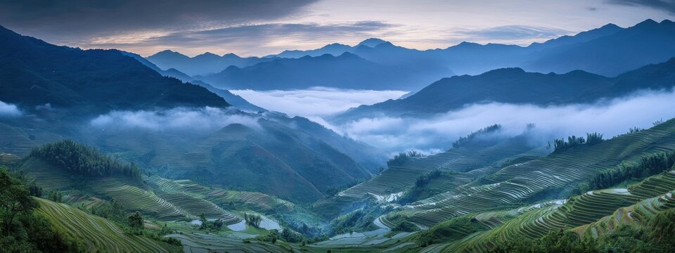 A serene aerial perspective of the rice terraces of Sapa, Vietnam, with terraced fields cascading down mist-covered mountains at dawn