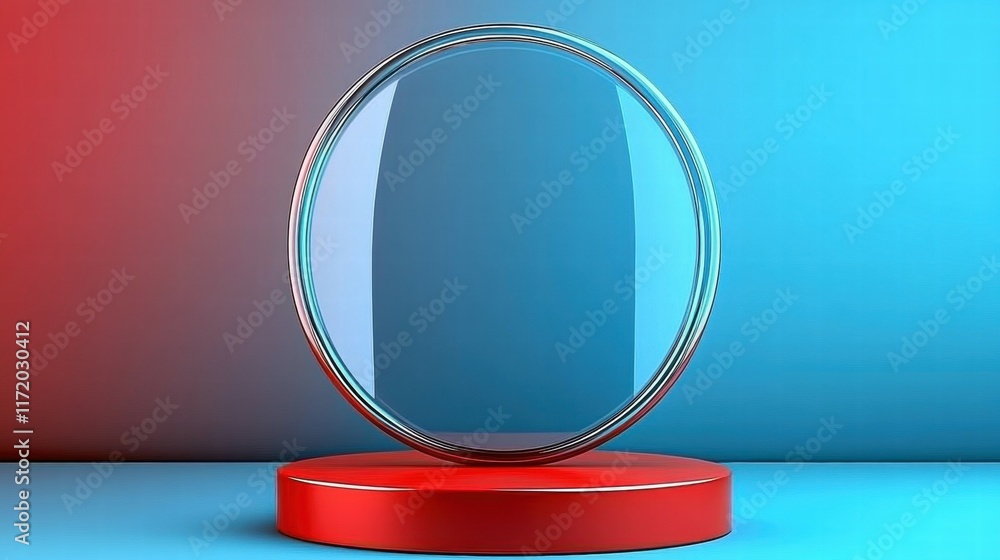 Poster a circular glass display on a red pedestal against a blue gradient background.