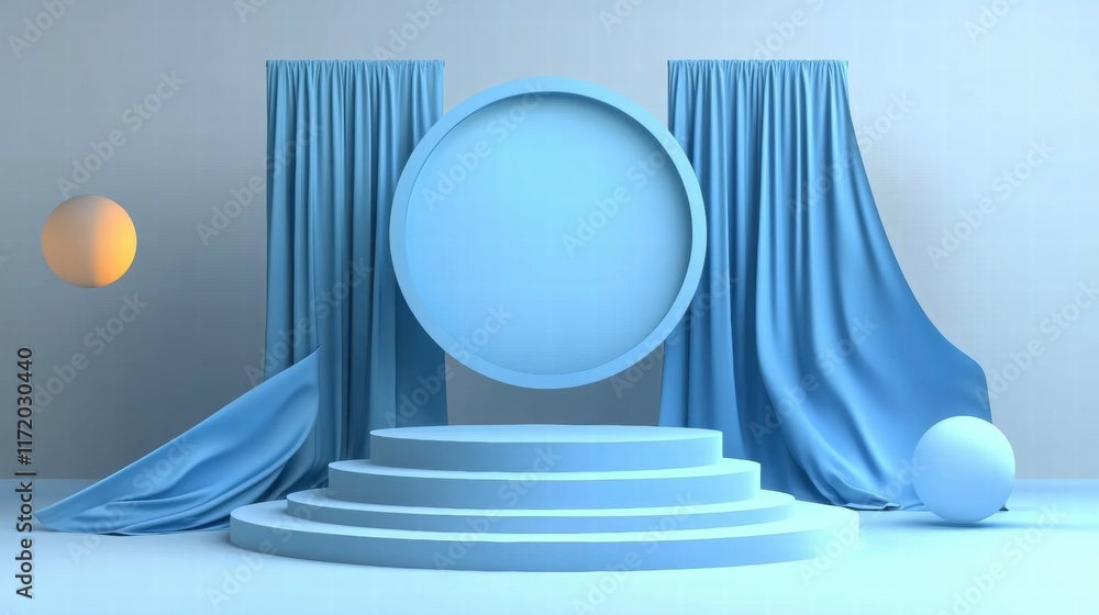 Poster a minimalist stage setup with blue drapes and geometric shapes for presentations or displays.