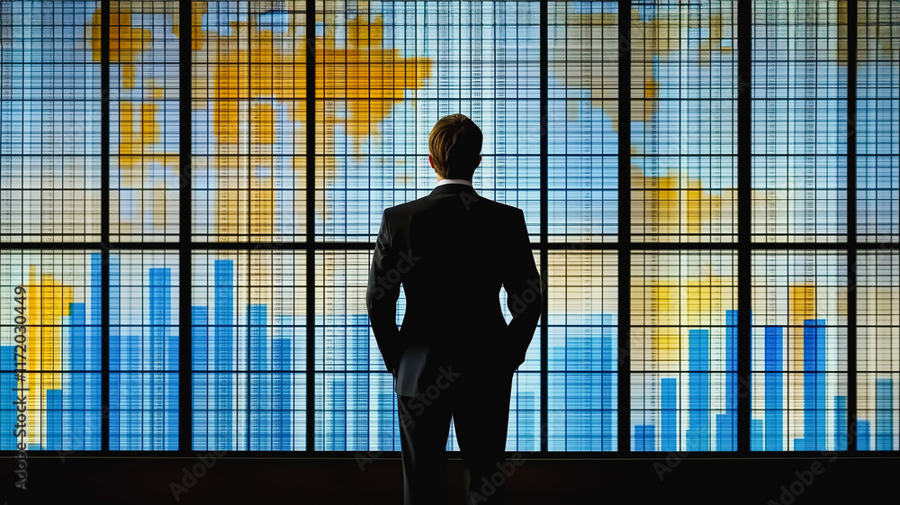 Poster global business vision: a contemplative businessman stands before a large window displaying a world 
