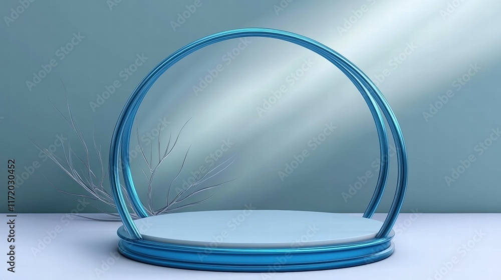 Poster A minimalist display featuring a circular blue frame and a smooth platform, ideal for presentations.