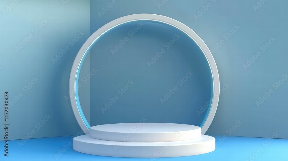 Poster a minimalist circular display stage with soft lighting against a blue backdrop.