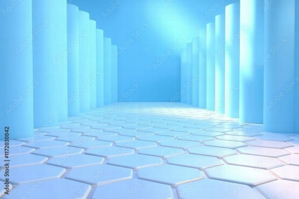 Poster a serene blue corridor with hexagonal tiles and cylindrical pillars, evoking calmness and depth.