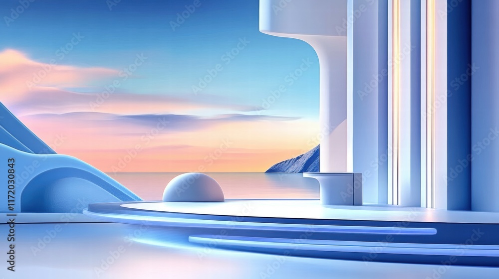 Poster a serene, futuristic landscape with smooth curves and a tranquil ocean view at sunset.