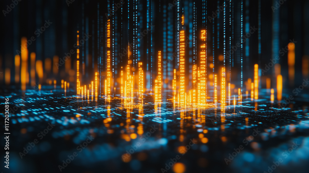 Poster digital matrix: an abstract, futuristic cityscape rendered in glowing lines of code. the vibrant dig