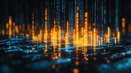 Digital Matrix: An abstract, futuristic cityscape rendered in glowing lines of code. The vibrant digital matrix shimmers with an ethereal glow.