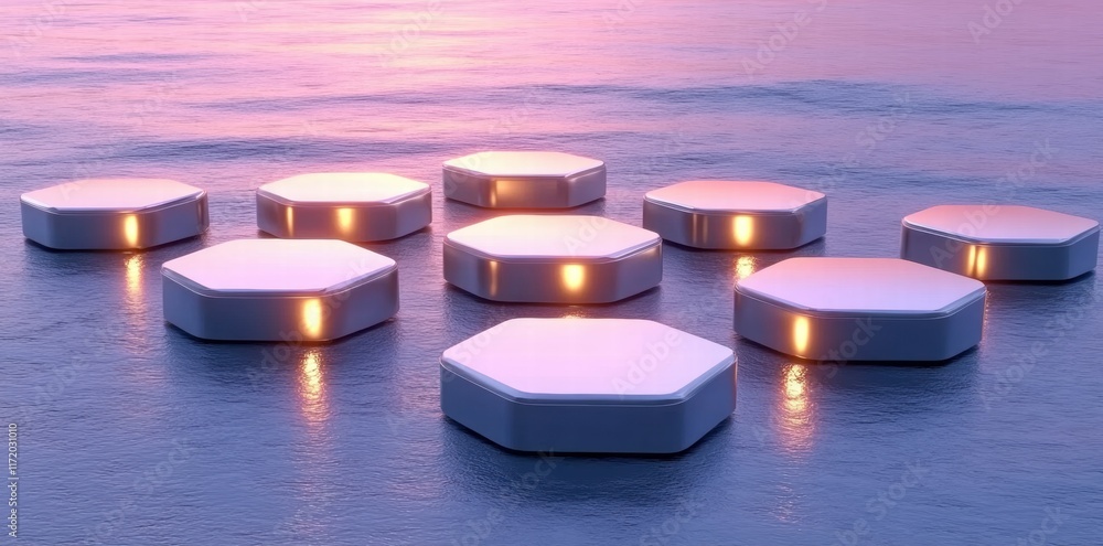 Poster a serene arrangement of glowing hexagonal shapes floating on water at sunset.