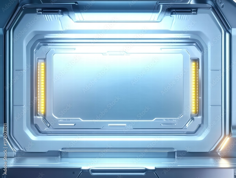 Poster a futuristic, metallic interface with glowing elements, designed for high-tech displays.