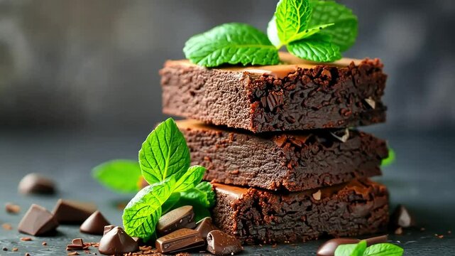 Delicious chocolate brownies stack with mint leaves and chocolate chips on dark background.