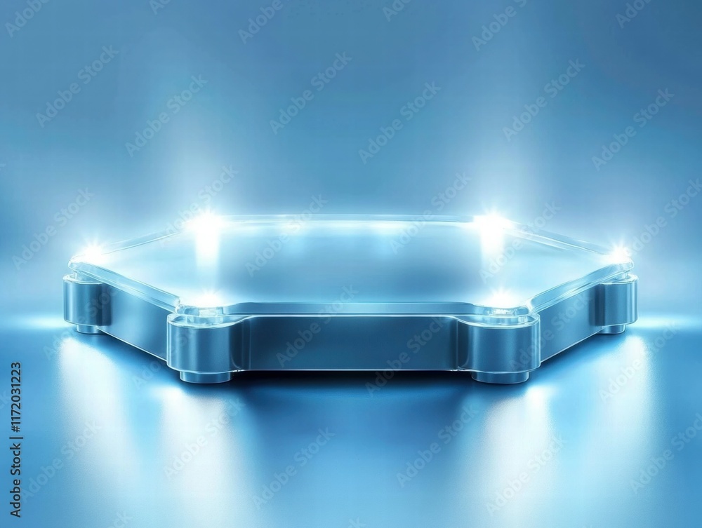 Aufkleber a glowing hexagonal platform with lights, suggesting a futuristic technology display.