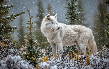 Obraz premium Arctic wolf standing in snowy landscape.